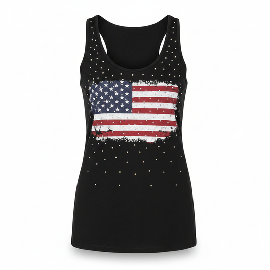 Black tank top with American flag design on a white background