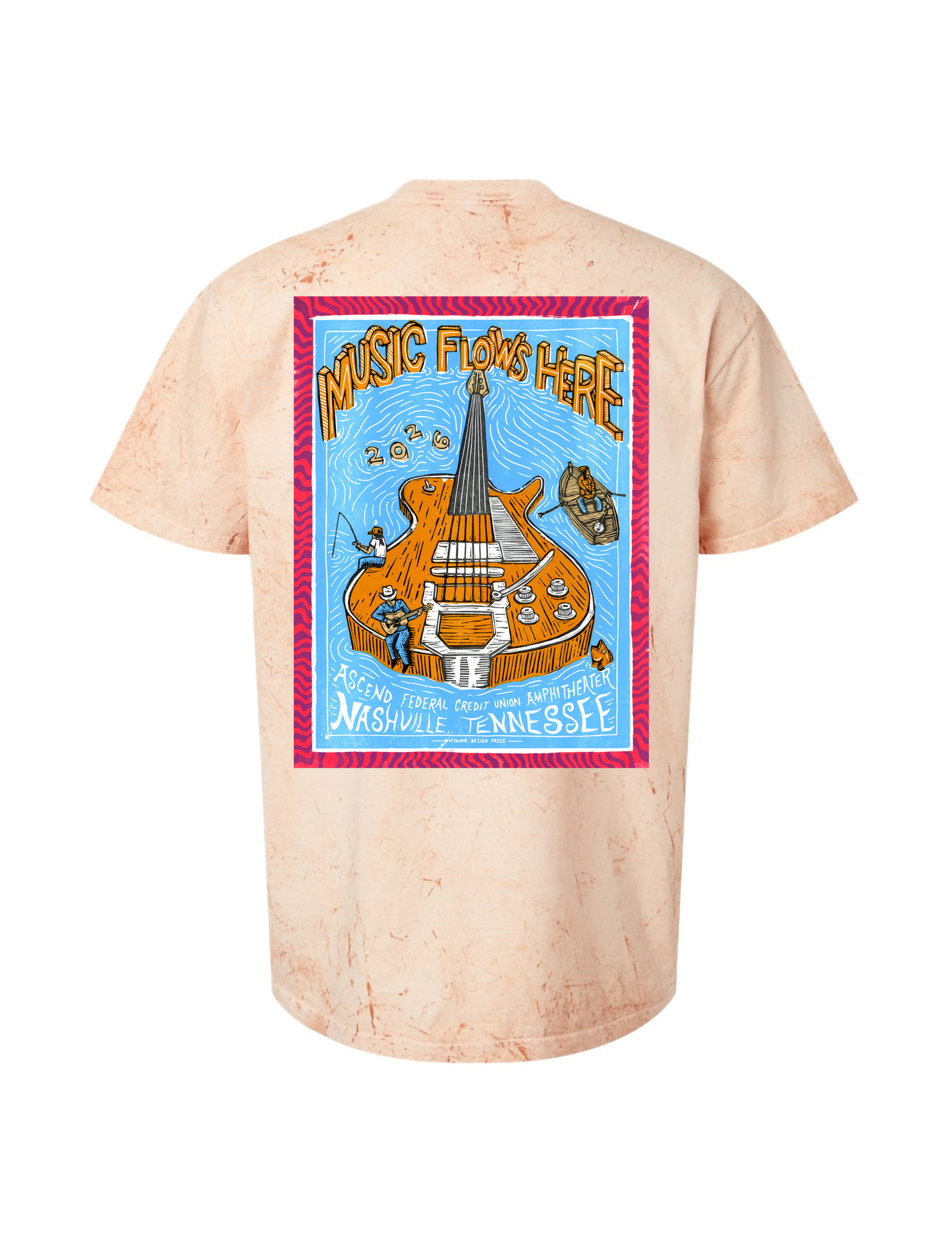 Beige t-shirt with a colorful graphic on the back featuring text and musical elements.