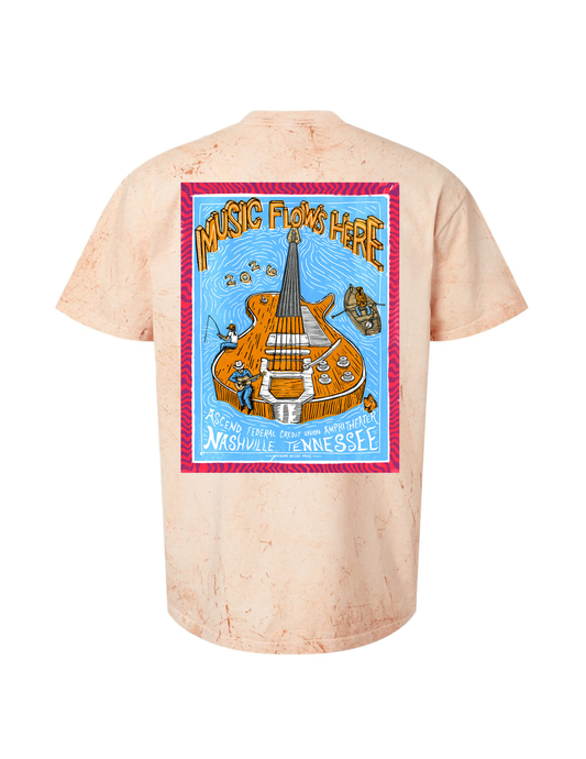 Beige t-shirt with a colorful graphic on the back featuring text and musical elements.