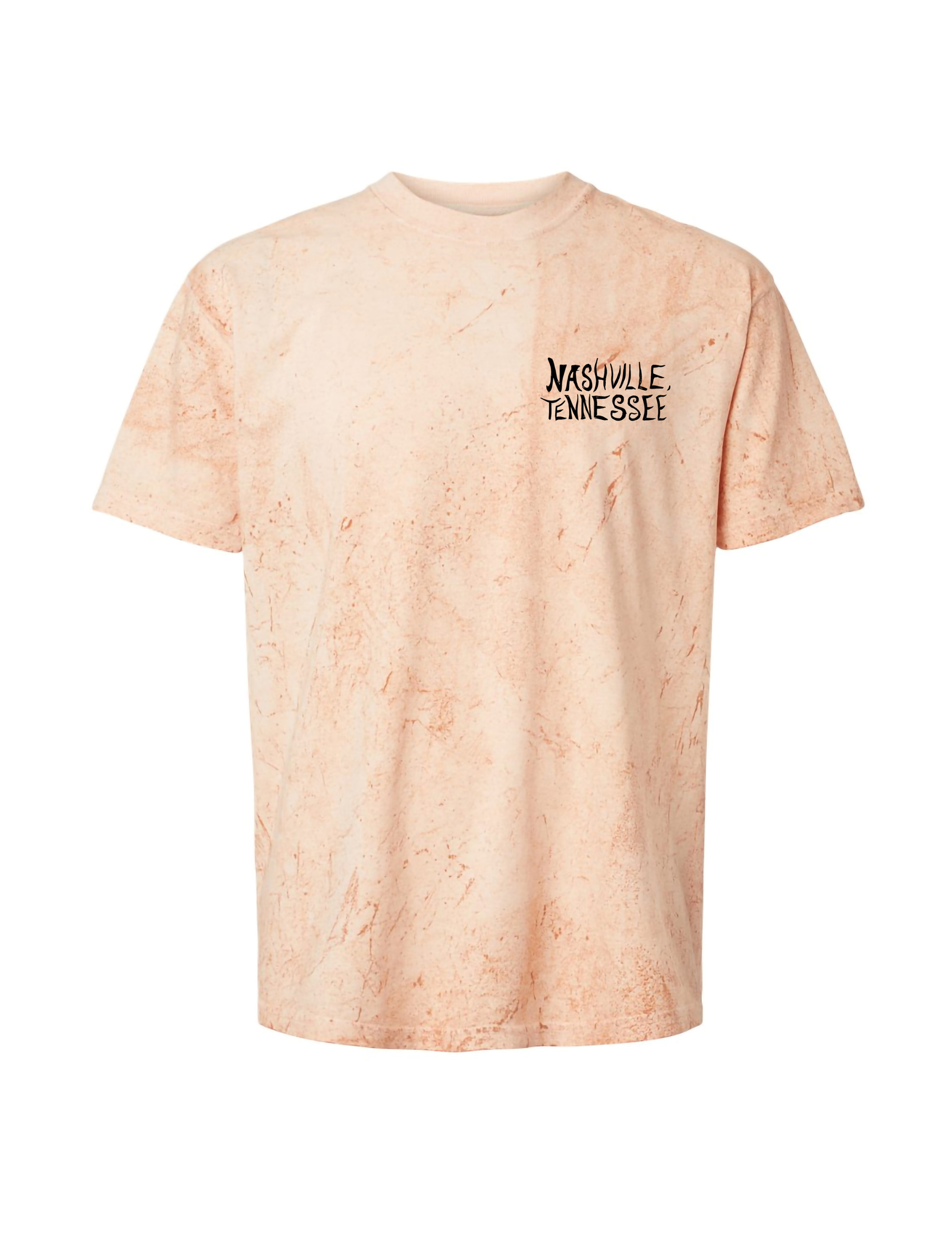 Beige tie-dye t-shirt with 'Nashville Tennessee' text on a white background