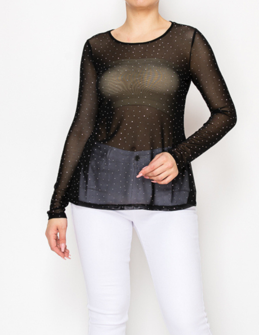 Black Rhinestone Mesh Layering Top - CREWS