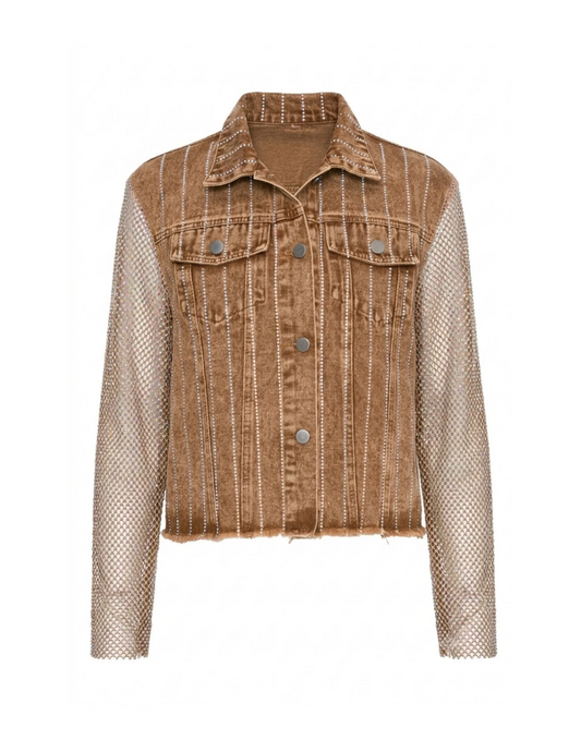 Brown Denim Jacket with Mesh Stone Sleeves - JACKETS