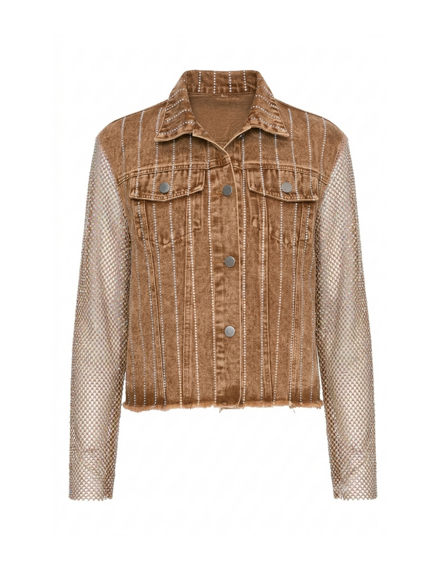 Brown Denim Jacket with Mesh Stone Sleeves - JACKETS