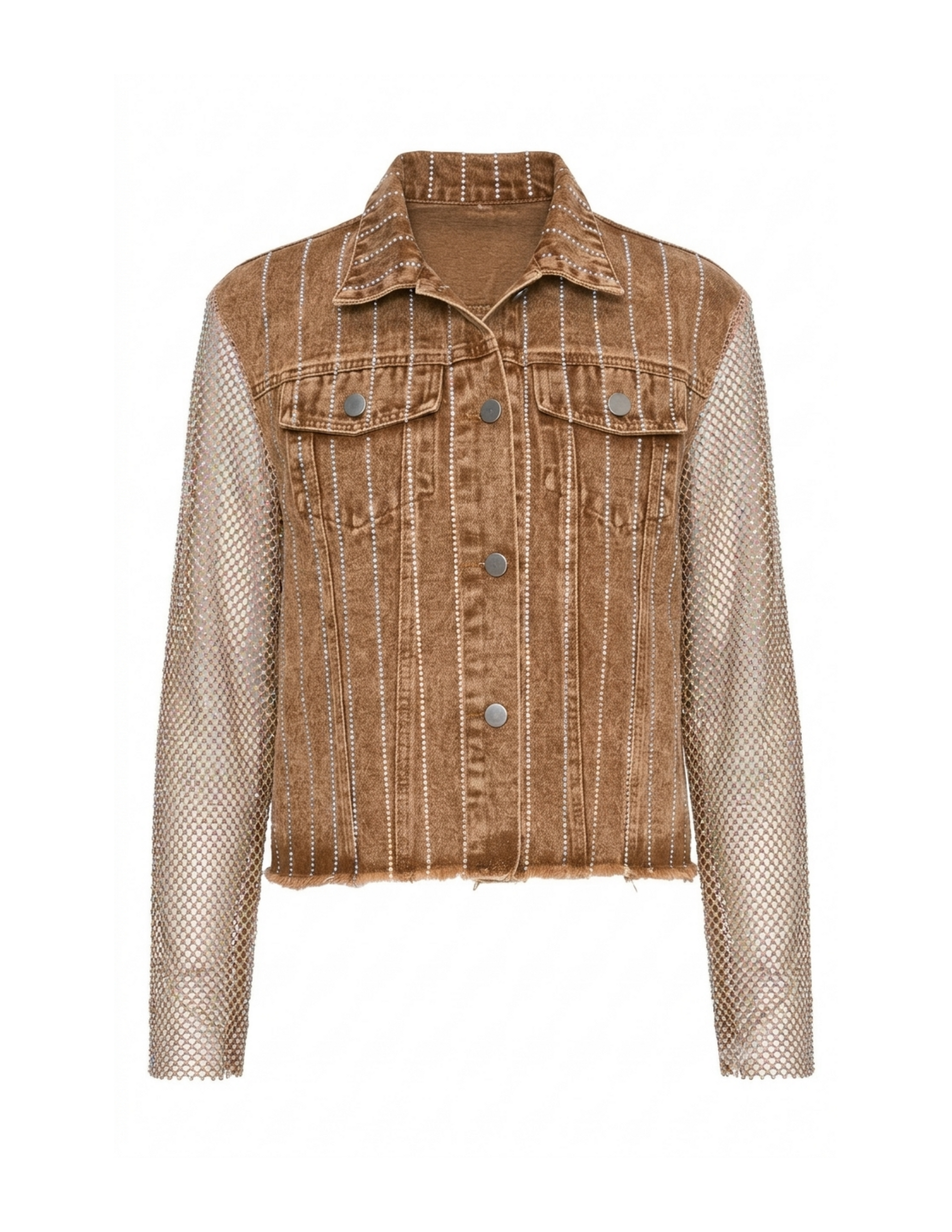 Brown Denim Jacket with Mesh Stone Sleeves - JACKETS