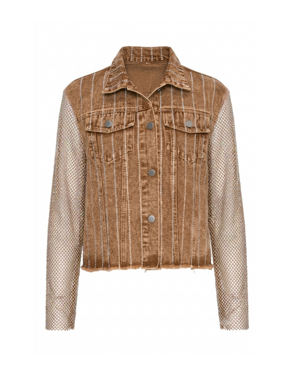 Brown Denim Jacket with Mesh Stone Sleeves - JACKETS