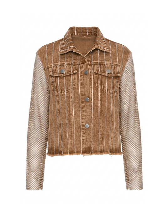 Brown Denim Jacket with Mesh Stone Sleeves - JACKETS