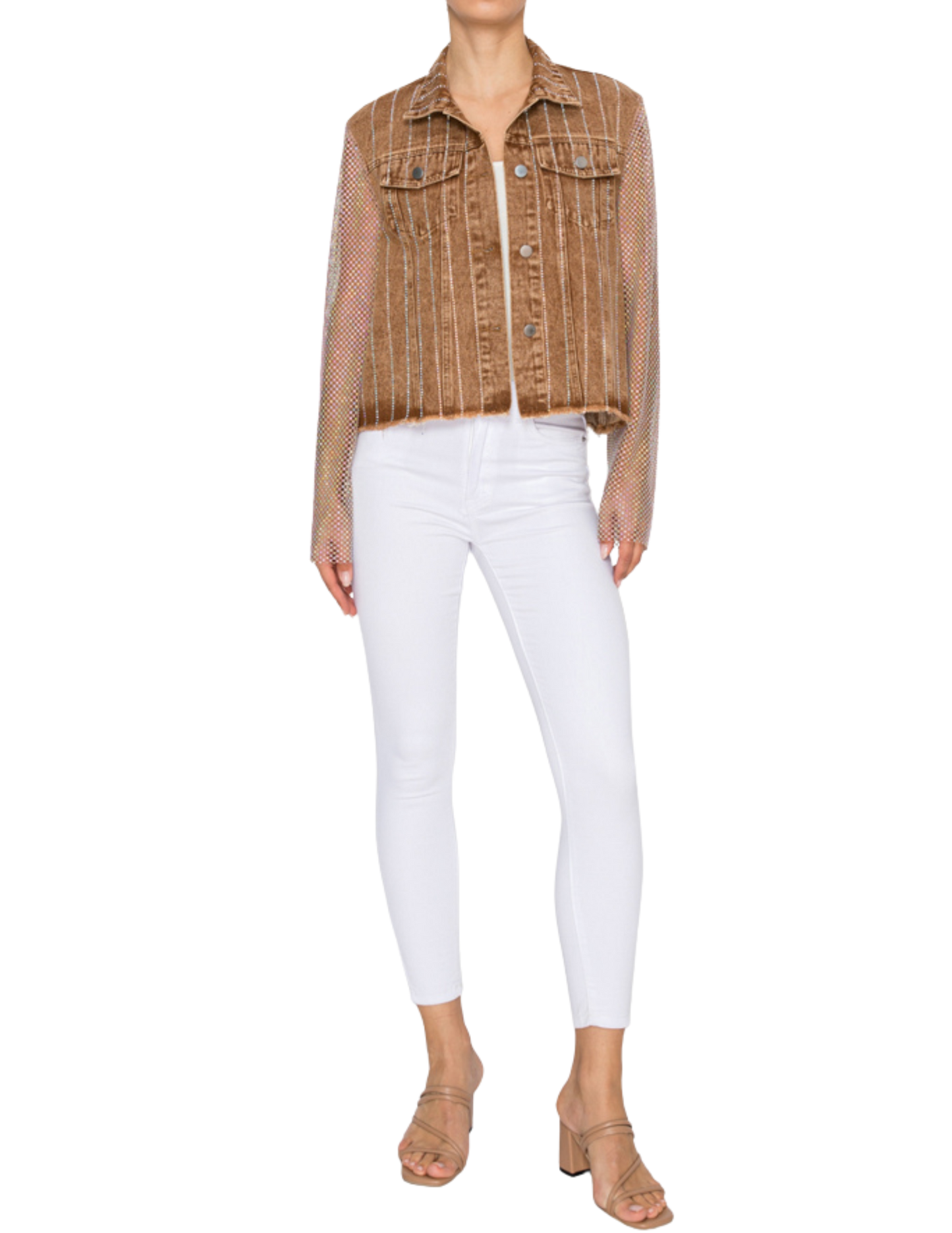 Brown Denim Jacket with Mesh Stone Sleeves - JACKETS