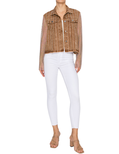 Brown Denim Jacket with Mesh Stone Sleeves - JACKETS