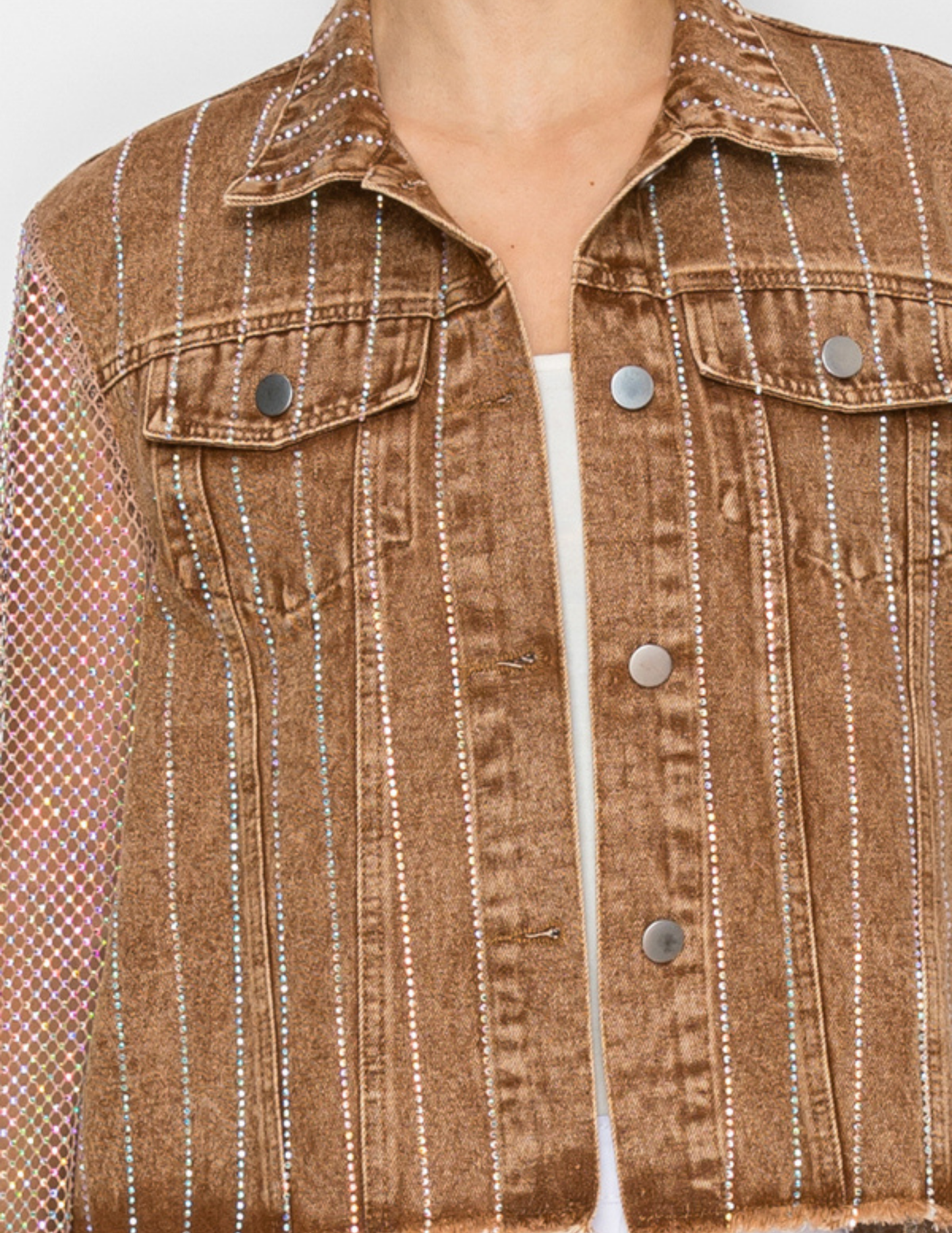 Brown Denim Jacket with Mesh Stone Sleeves - JACKETS