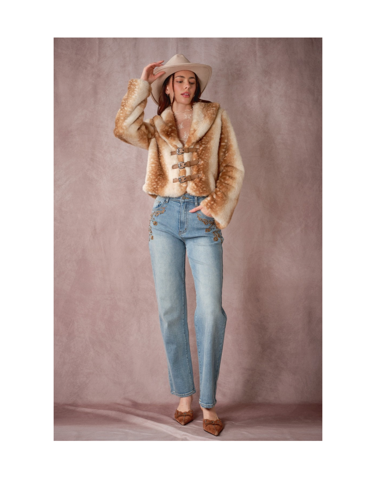Buckled Deer Print Faux Fur Jacket - JACKETS