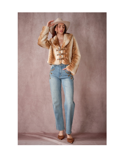 Buckled Deer Print Faux Fur Jacket - JACKETS