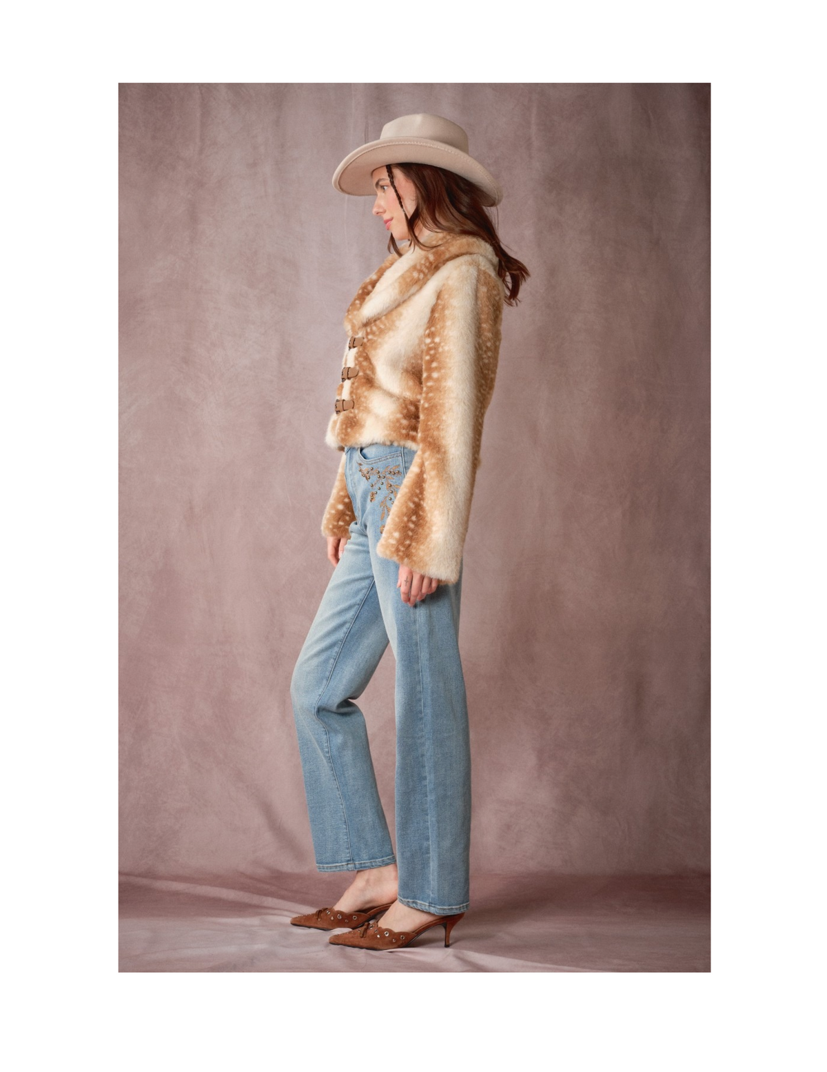 Buckled Deer Print Faux Fur Jacket - JACKETS