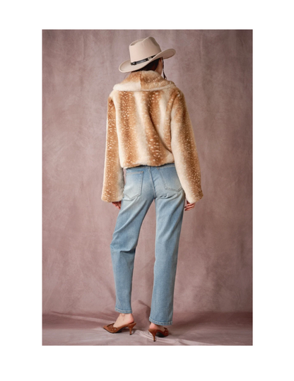 Buckled Deer Print Faux Fur Jacket - JACKETS