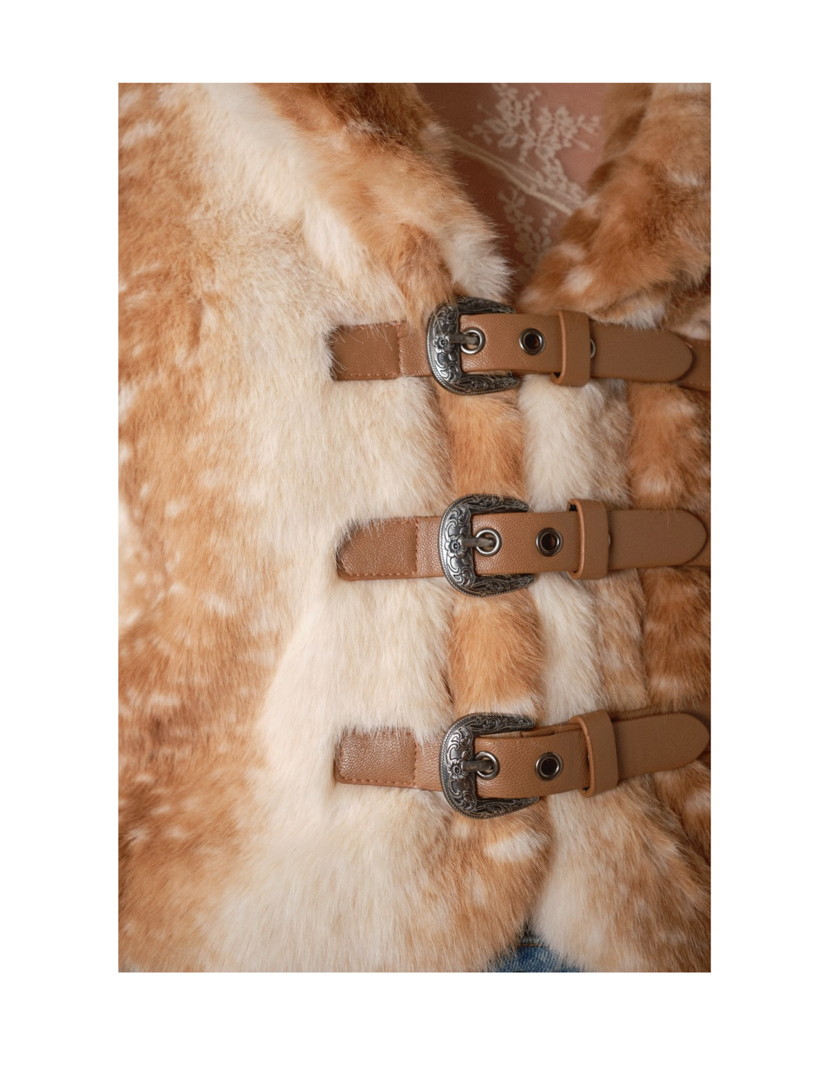 Buckled Deer Print Faux Fur Jacket - JACKETS