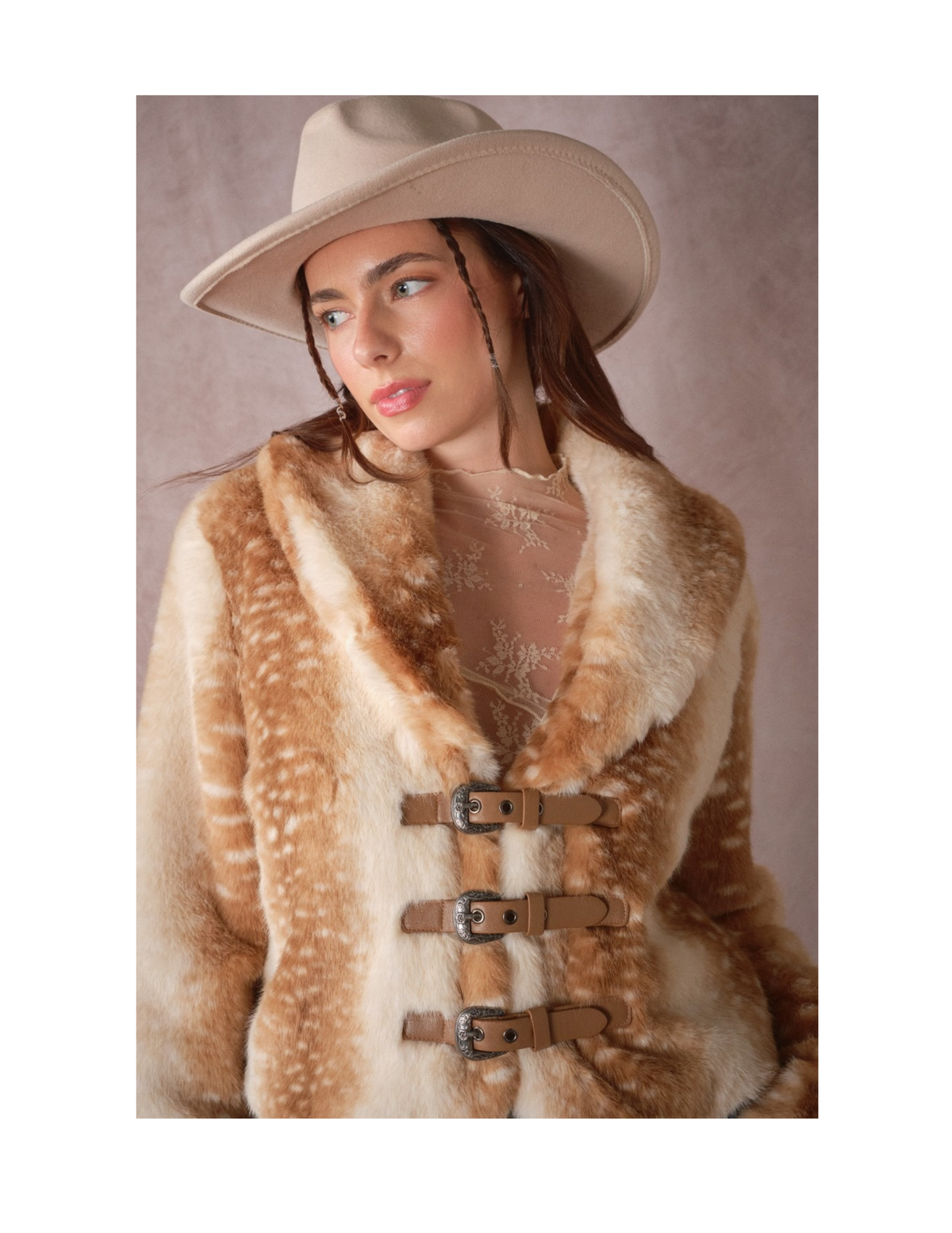 Buckled Deer Print Faux Fur Jacket - JACKETS