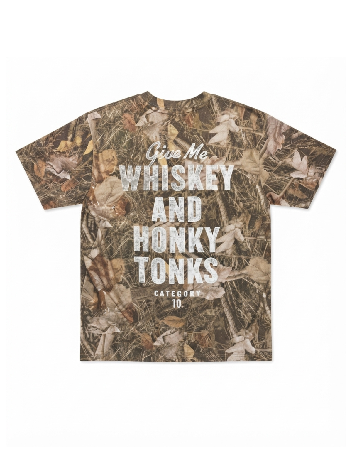 Category 10 Give Me Whiskey and Honky Tonks Camo T-Shirt - CAMO / SM - CREWS