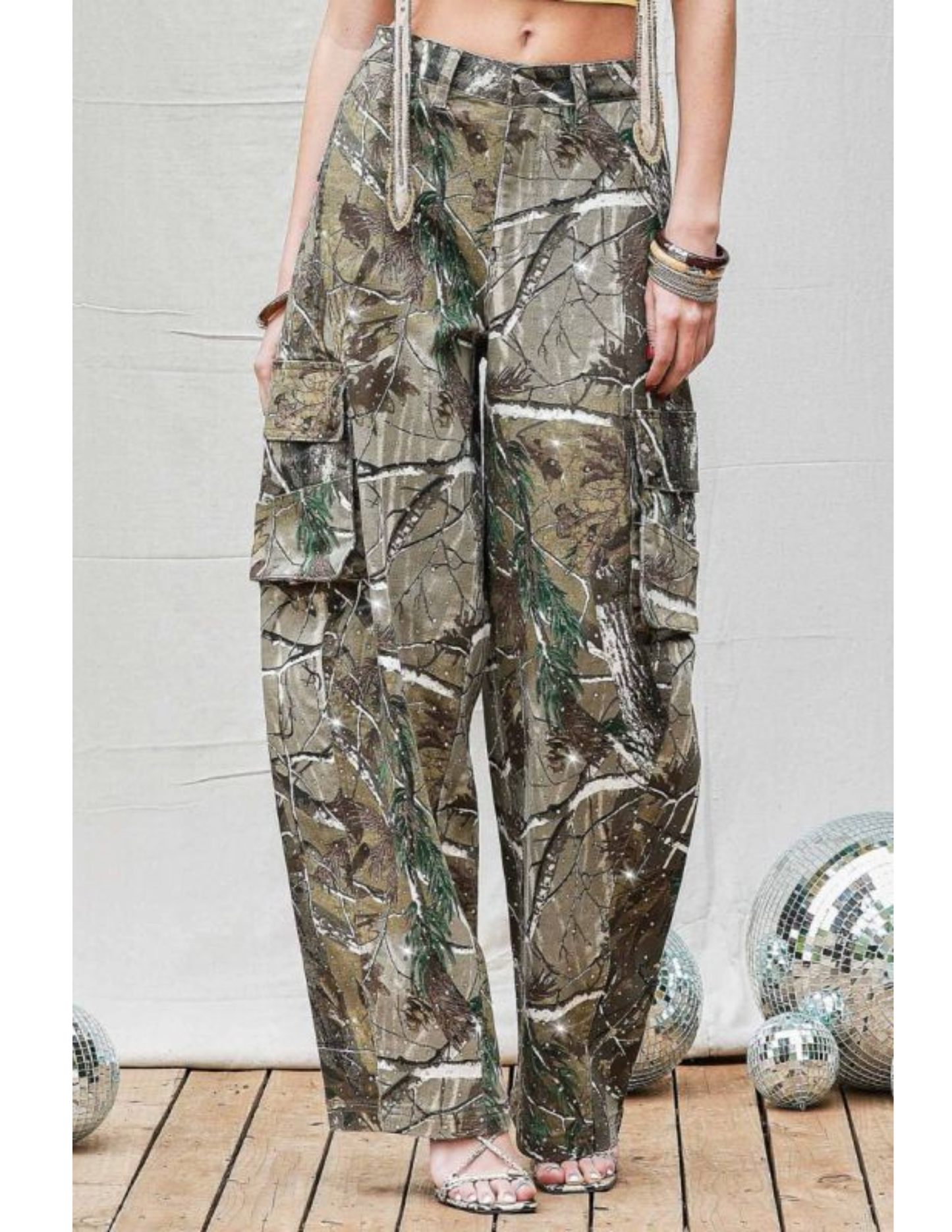 Rhinestone Camo Barrel Cargo Pants
