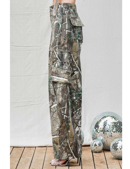 Rhinestone Camo Barrel Cargo Pants