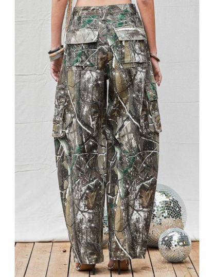 Rhinestone Camo Barrel Cargo Pants