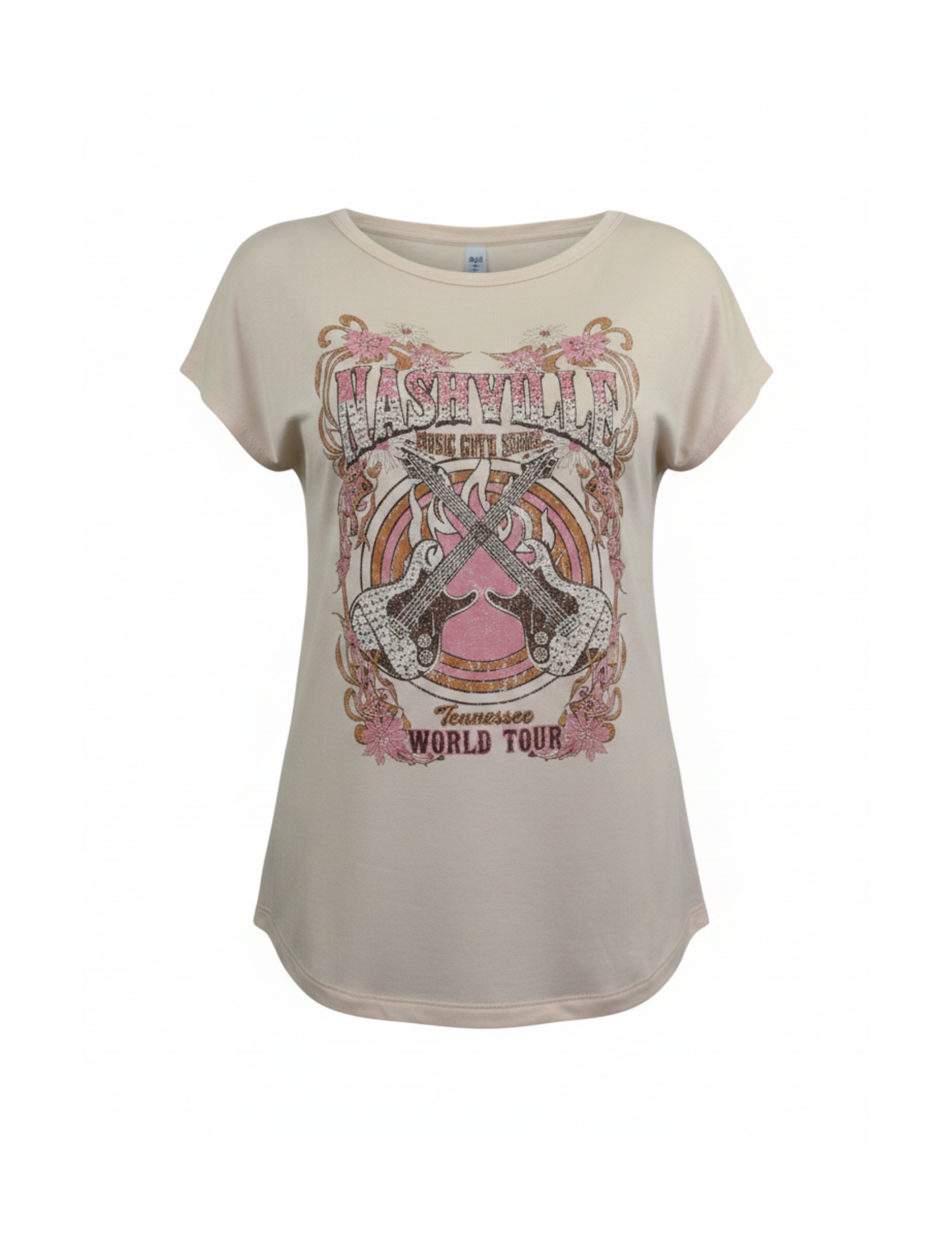 Beige t-shirt with pink graphic design on a white background