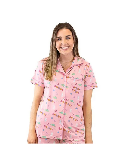 Howdy Partner Short Sleeve Button Up Pajama Shirt - PINK / XS - BUTTON FRONT