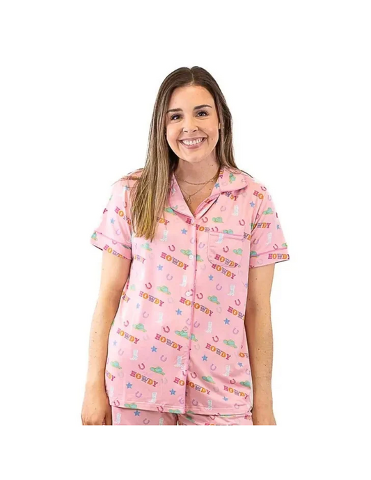 Howdy Partner Short Sleeve Button Up Pajama Shirt - PINK / XS - BUTTON FRONT