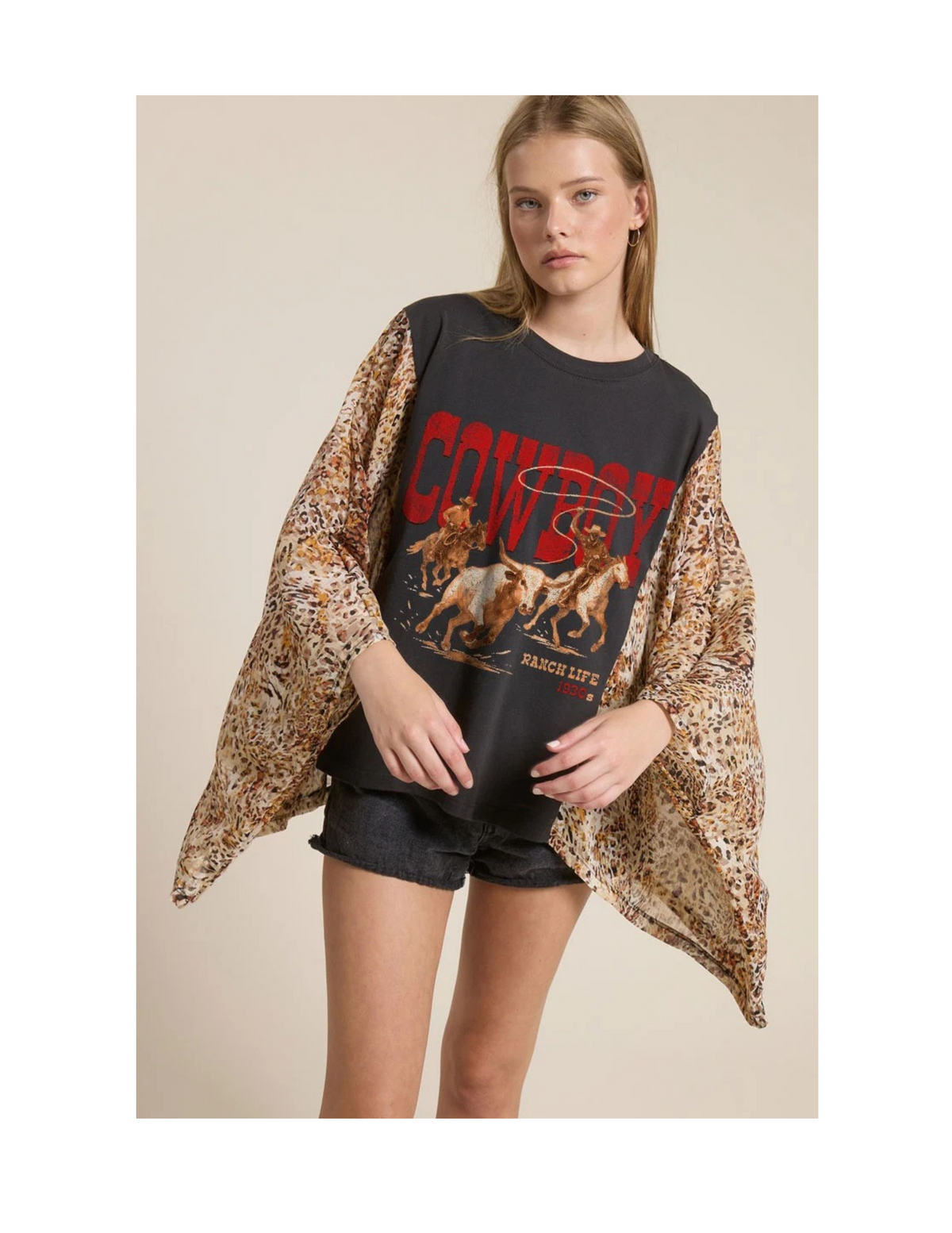Cowboy Ranch Life Animal Print Kaftan Sleeve Top - MULTI_COLORED / SM - CREWS