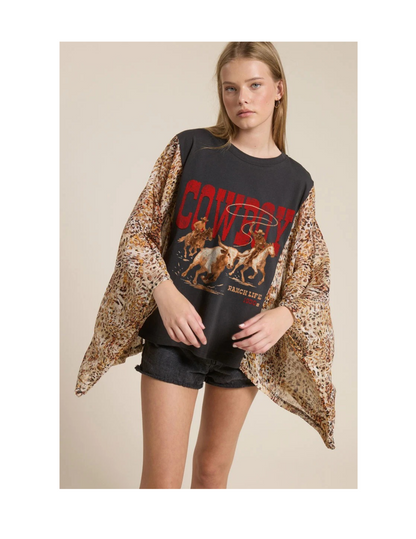 Cowboy Ranch Life Animal Print Kaftan Sleeve Top - MULTI_COLORED / SM - CREWS
