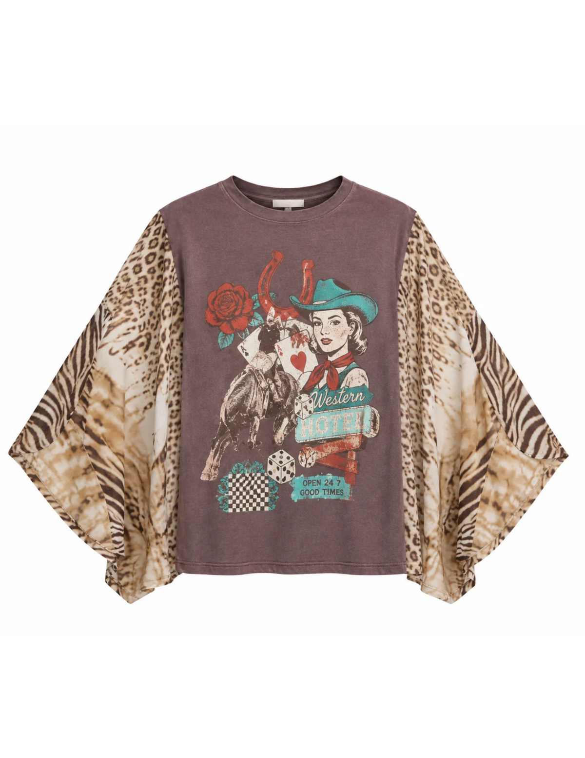 Western Vegas Motel Animal Print Kaftan Sleeve Top - MULTI_COLORED / SM - CREWS