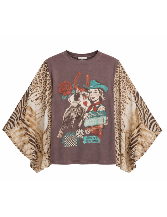 Western Vegas Motel Animal Print Kaftan Sleeve Top - MULTI_COLORED / SM - CREWS