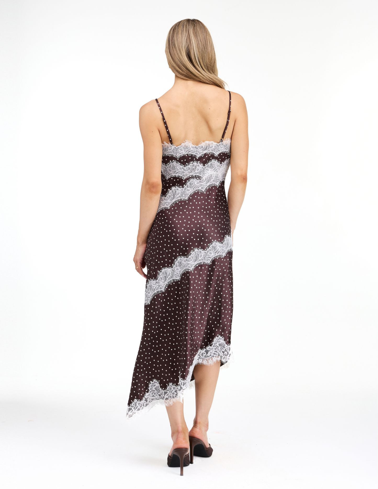 Kittenish Polka Dot Asymetrical Lace Trim Midi Dress - DRESSES Item Subclass