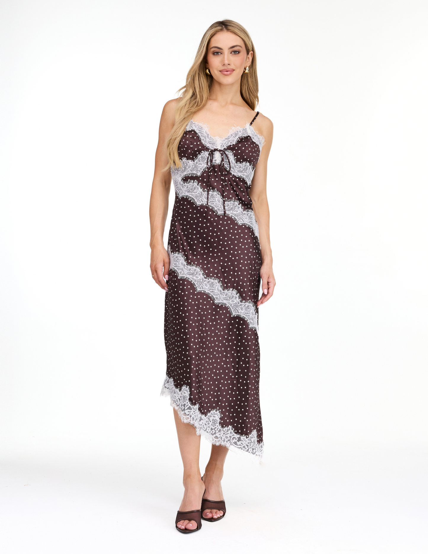 Kittenish Polka Dot Asymetrical Lace Trim Midi Dress - DRESSES Item Subclass