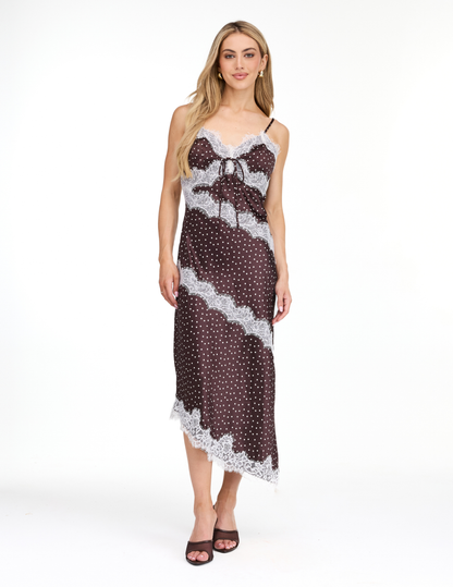 Kittenish Polka Dot Asymetrical Lace Trim Midi Dress - DRESSES Item Subclass