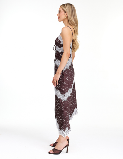 Kittenish Polka Dot Asymetrical Lace Trim Midi Dress - DRESSES Item Subclass