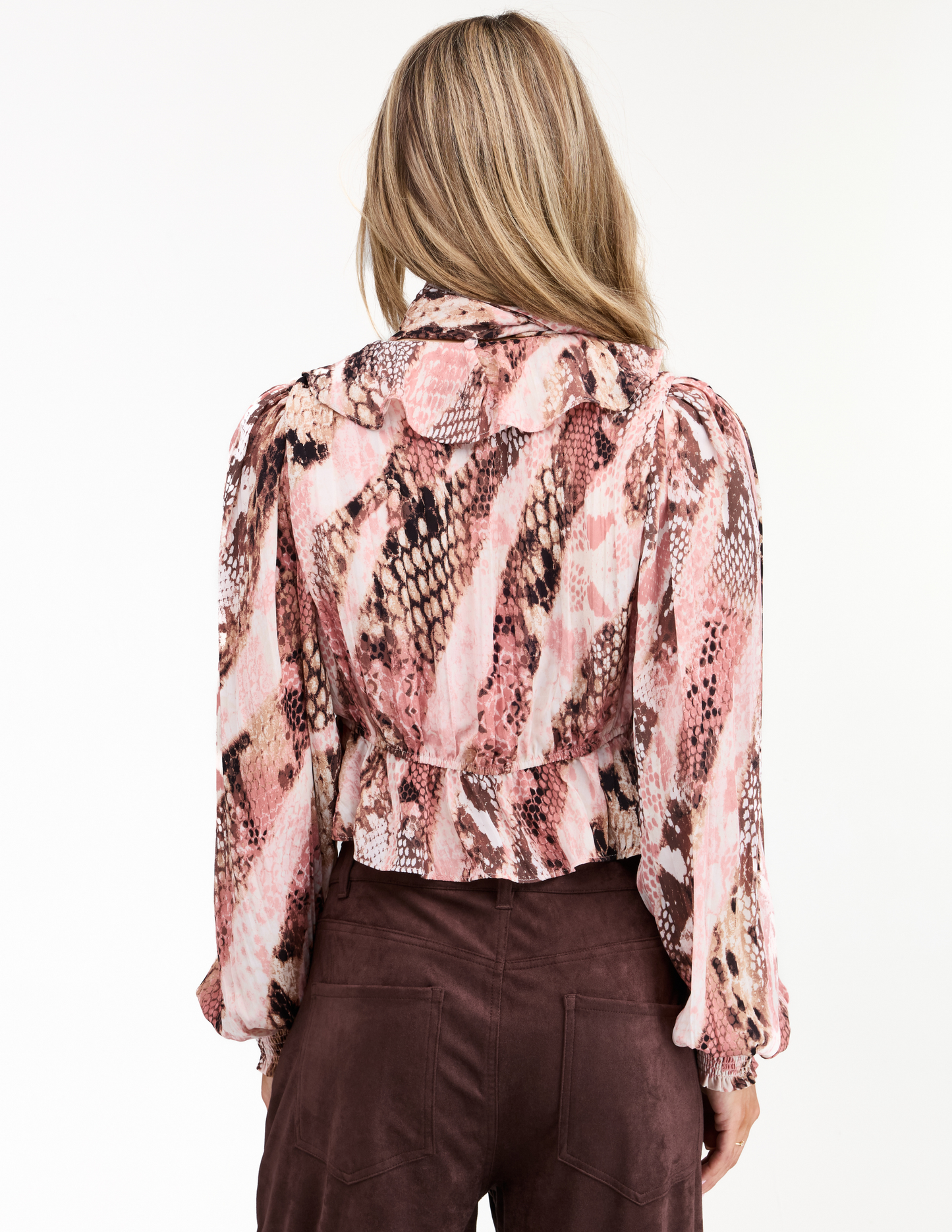 Kittenish Snake Print Chiffon Ruffle Blouse - VNECK