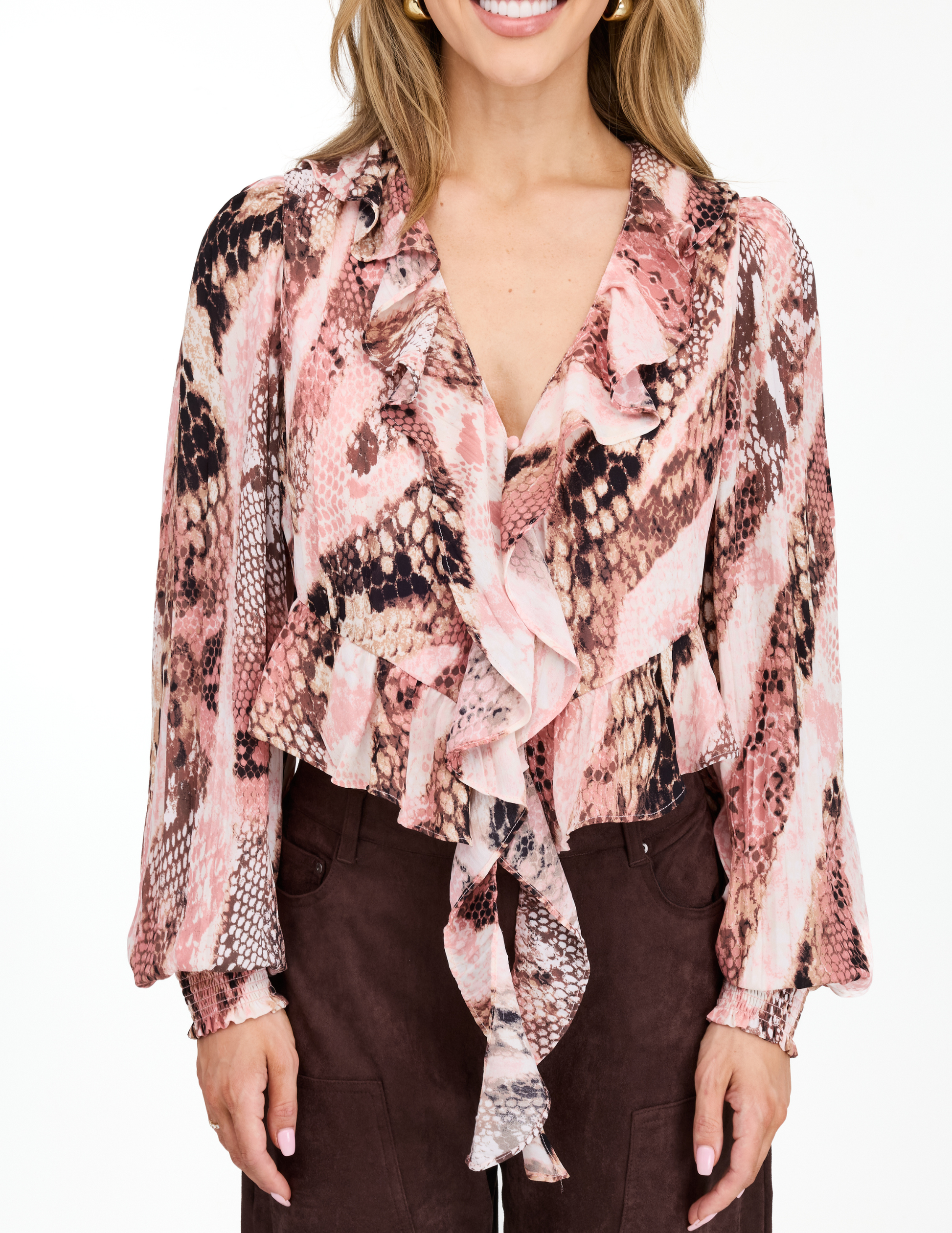 Kittenish Snake Print Chiffon Ruffle Blouse - VNECK