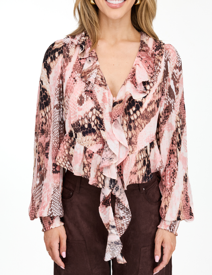 Kittenish Snake Print Chiffon Ruffle Blouse - VNECK