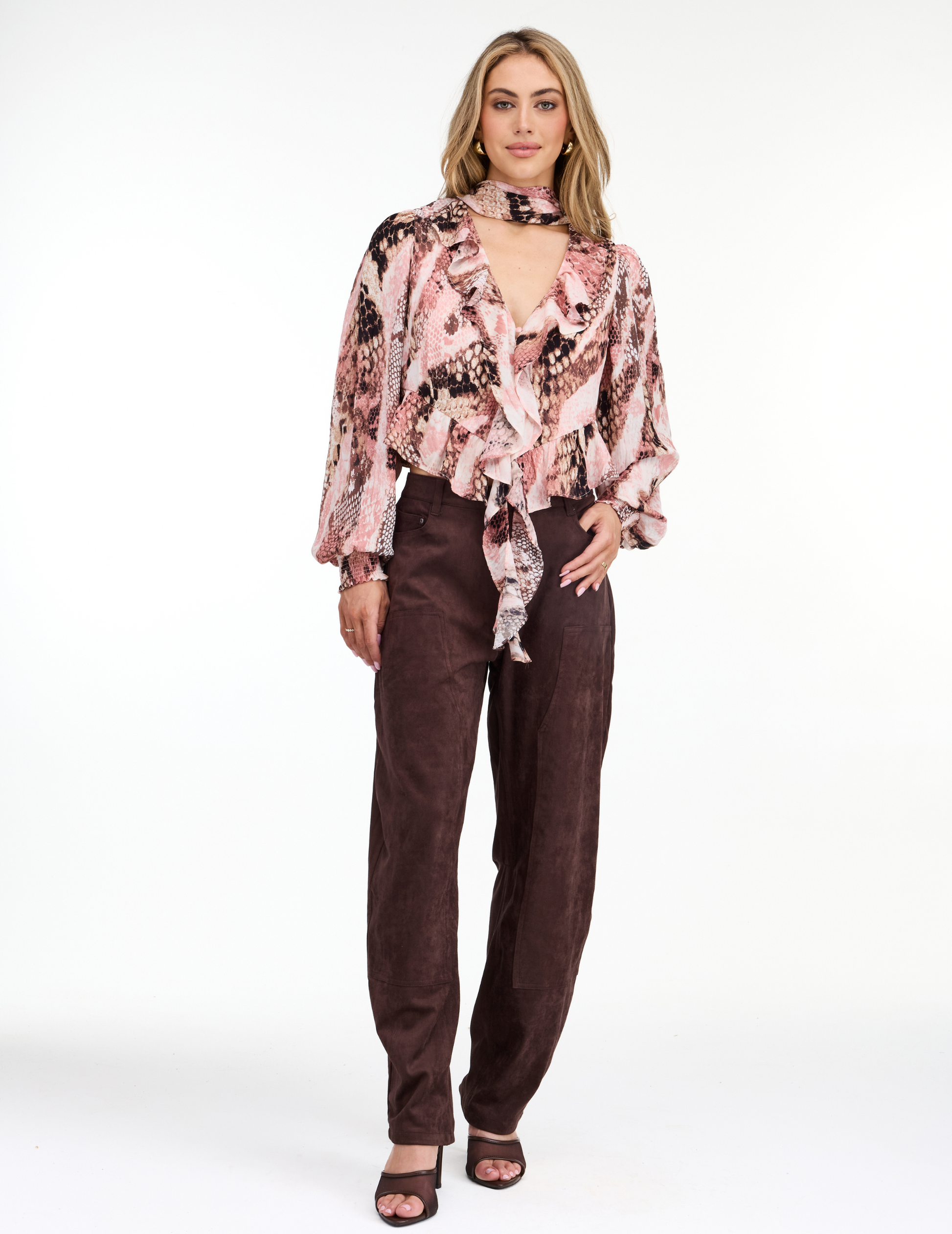 Kittenish Snake Print Chiffon Ruffle Blouse - VNECK