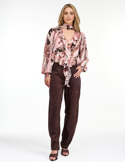 Kittenish Snake Print Chiffon Ruffle Blouse - VNECK