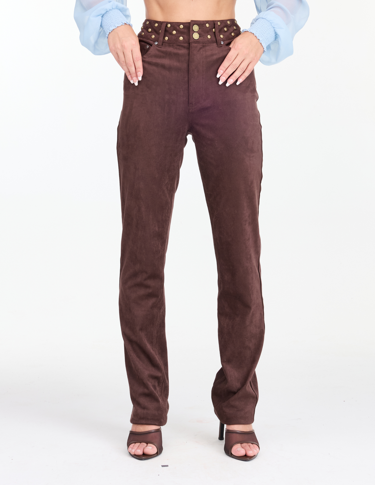 Kittenish Studded Suede High Rise Skinny Pants - BROWN / 24/32 - PANTS