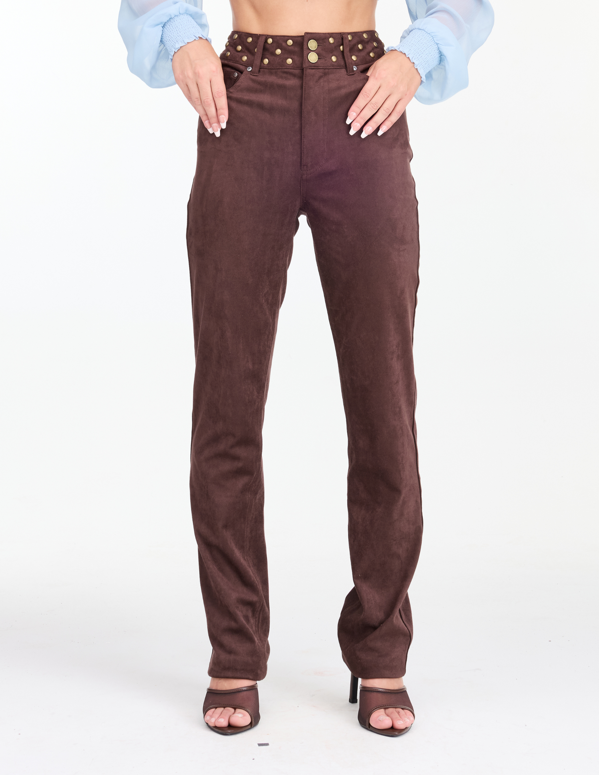 Kittenish Studded Suede High Rise Skinny Pants - BROWN / 24/32 - PANTS