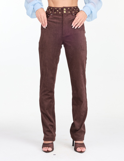 Kittenish Studded Suede High Rise Skinny Pants - BROWN / 24/32 - PANTS