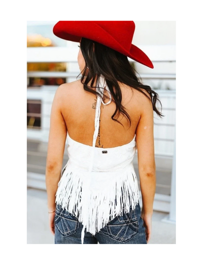 Ivory Lace Fringe Hem Halter Tank - VNECK