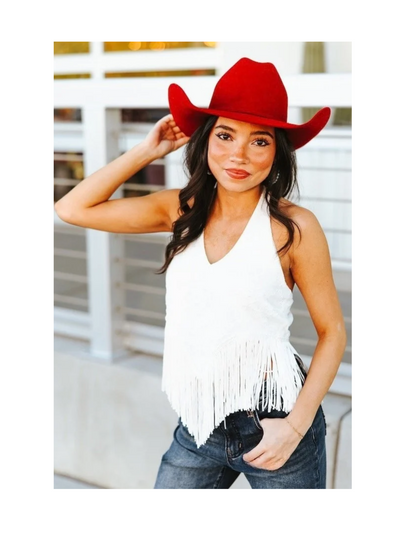 Ivory Lace Fringe Hem Halter Tank - VNECK