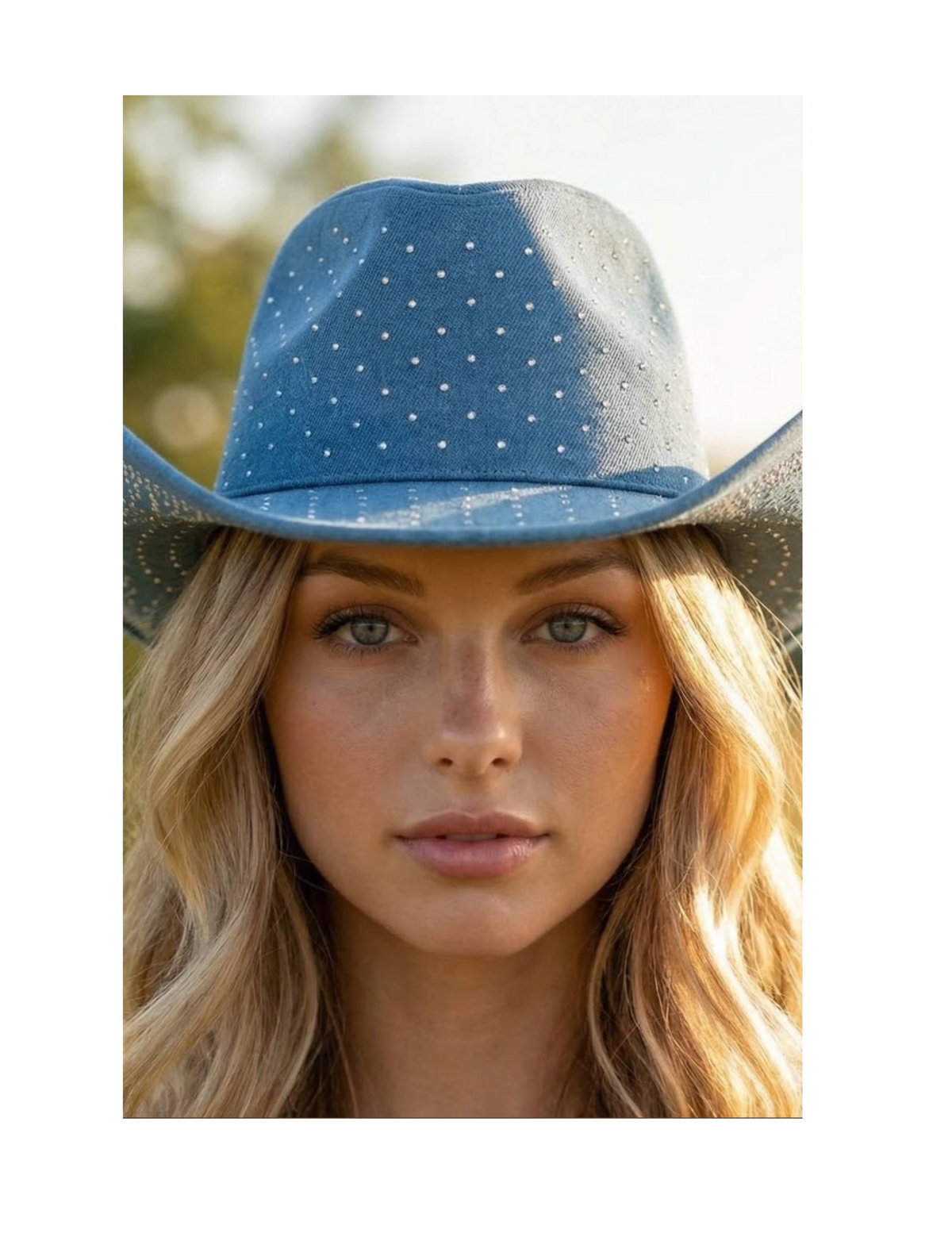 Light Denim Rhinestone Studded Cowboy Hat - COWBOY