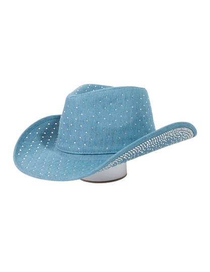 Light Denim Rhinestone Studded Cowboy Hat - COWBOY