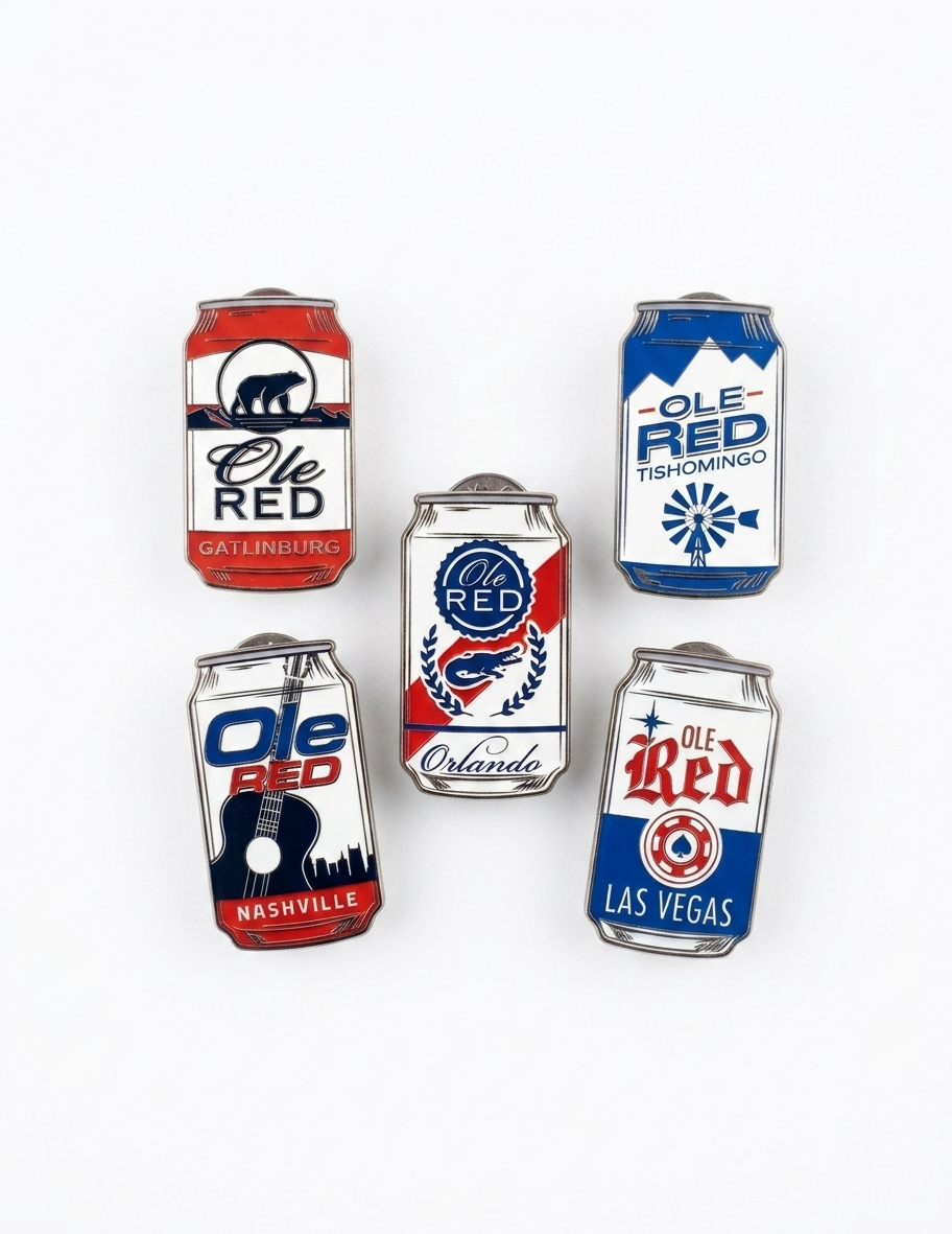 Five miniature can-shaped enamel pins featuring Ole Red football team logos and names for different cities: Atlanta, Houston, Nashville, Orlando, and Las Vegas, arranged on a white background.