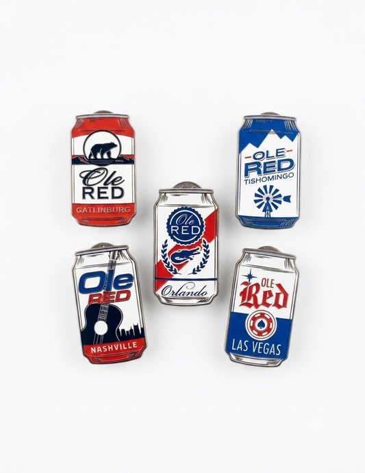 Five miniature can-shaped enamel pins featuring Ole Red football team logos and names for different cities: Atlanta, Houston, Nashville, Orlando, and Las Vegas, arranged on a white background.