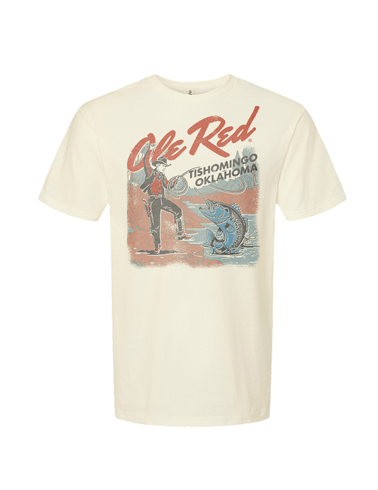 Beige t-shirt with graphic design and text on a white background