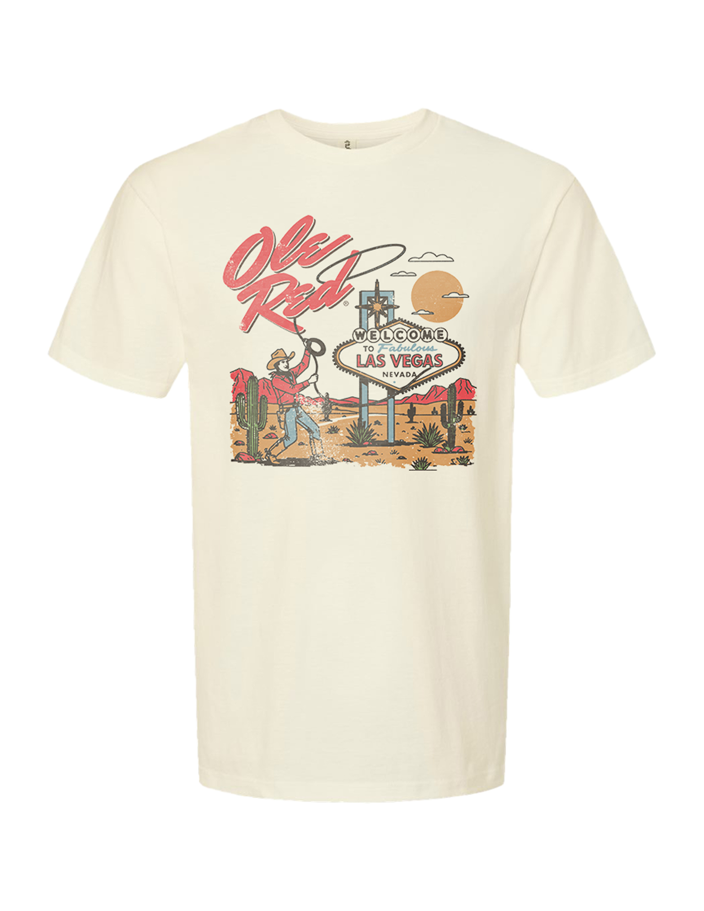 Beige t-shirt with 'Old Red' Las Vegas graphic design on a white background